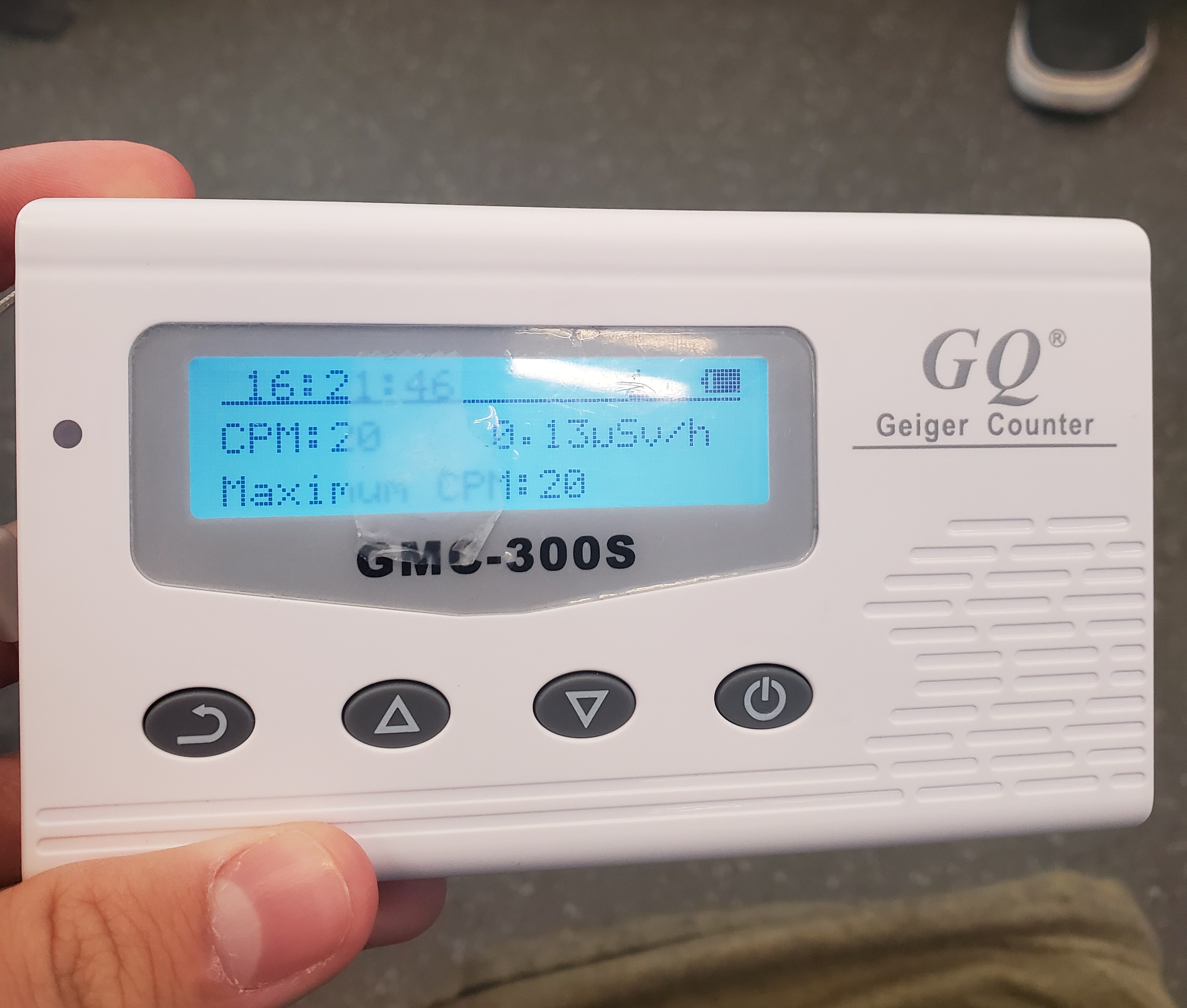 Base reading, 20cpm, 0.13uSv/h