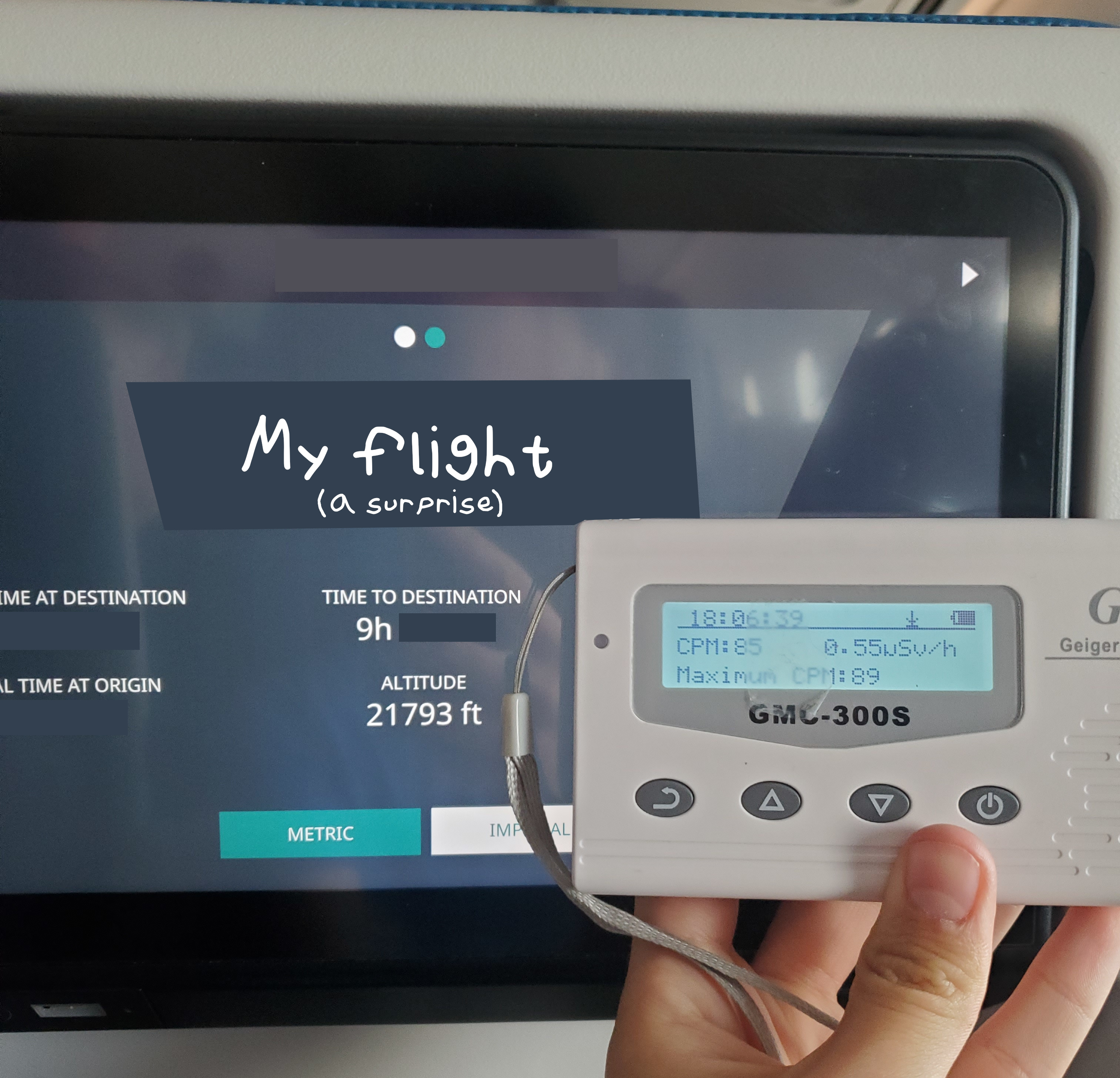 First reading during ascent. Altitude of 21,793 feet, 85cpm, 0.55uSv/h, maximum read CPM is 89. Text edited in to say "My flight (a surprise)"