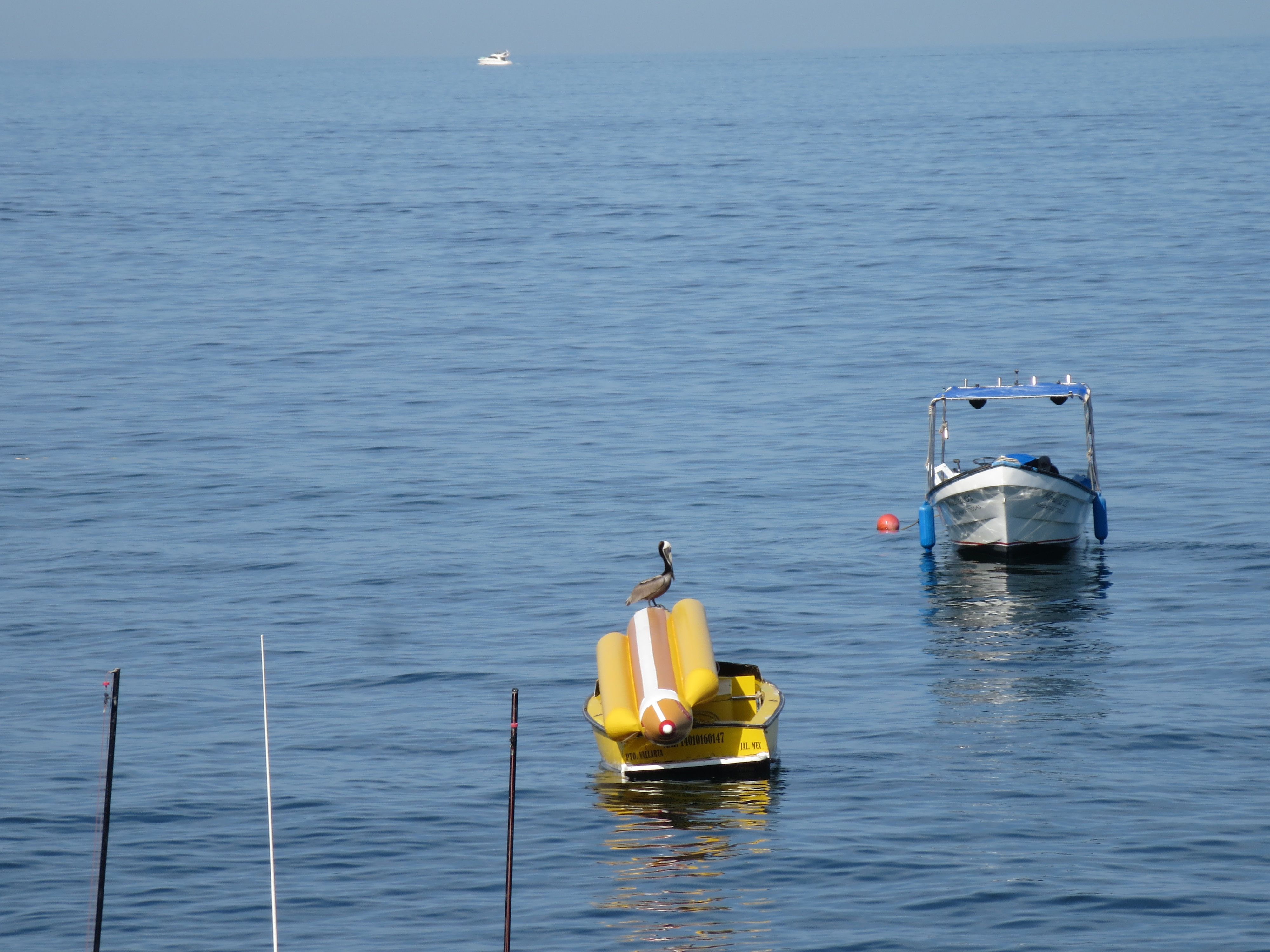 Picture of a pelican sitting on top of a small, yellow boat close to the shore. Other boats are visible nearby.